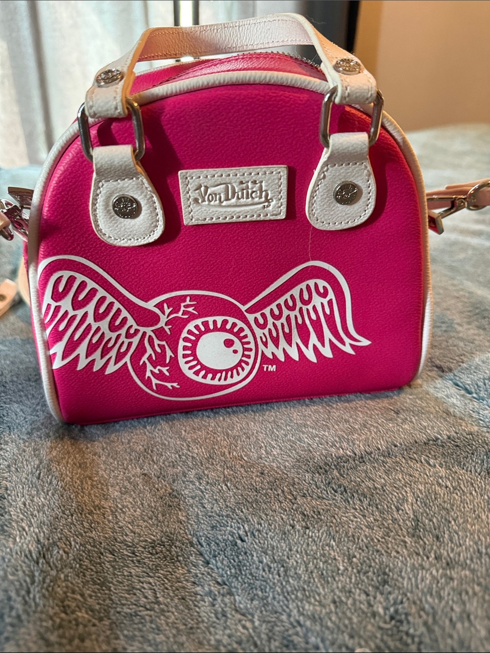 Von Dutch Hot Pink Mini Satchel with White Wing Graphic